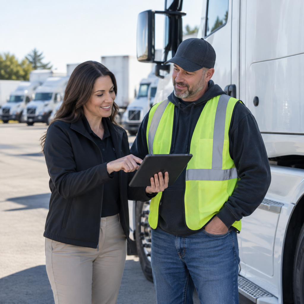 Fleet safety manager and truck driver reviewing safety performance and coaching expectations
