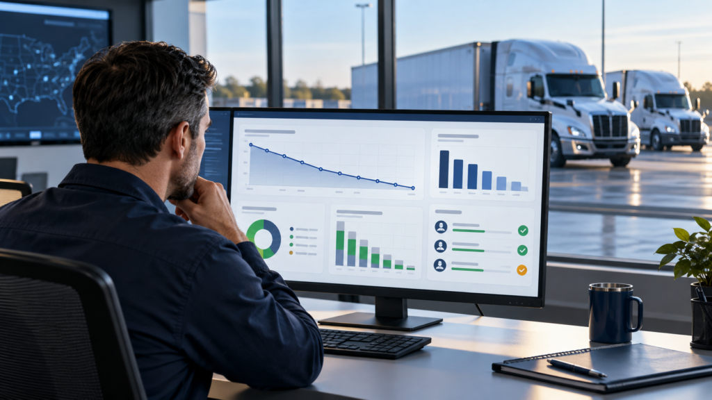 Fleet manager reviewing speeding management analytics dashboard with trend charts and driver performance data