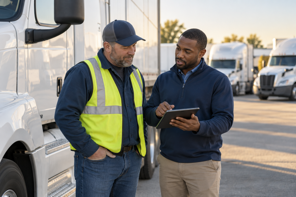 Fleet driver coaching session beside a commercial truck with a safety manager reviewing performance on a tablet
